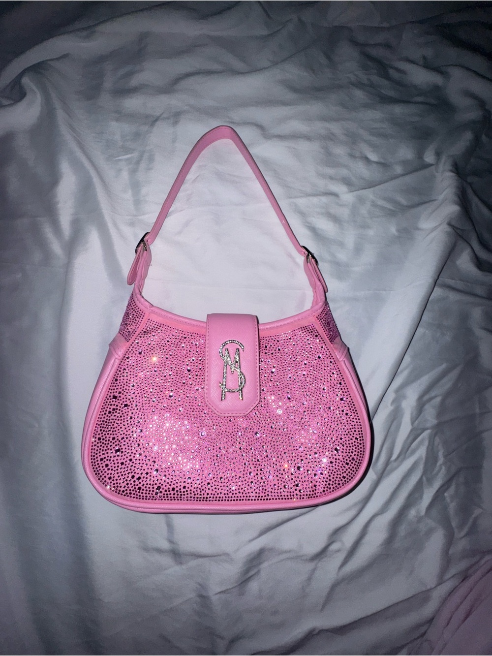 Pink Rhinestone Shoulder Bag with Silver Accent